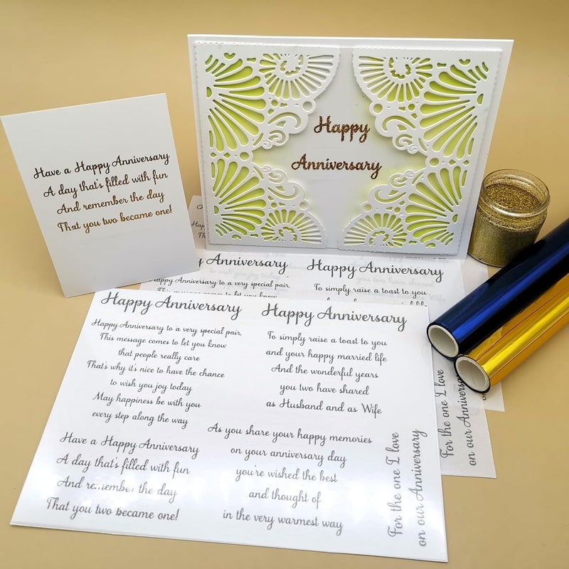 JBQUEEN 3pc Happy Anniversary Stick & Shine Foil Transfer Sticker Paper for Handmade Card Making Scrapbooking and Album Journal Invitation Decoration Metallic Hot Foil Transfer Printing Adhesive Sheets - Image 1